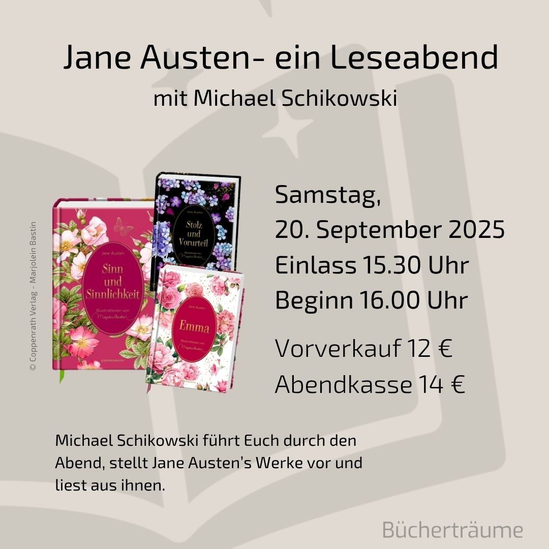 Plakat für einen Leseabend zu Jane Austen mit Michael Schikowski, live in Mülheim an der Ruhr