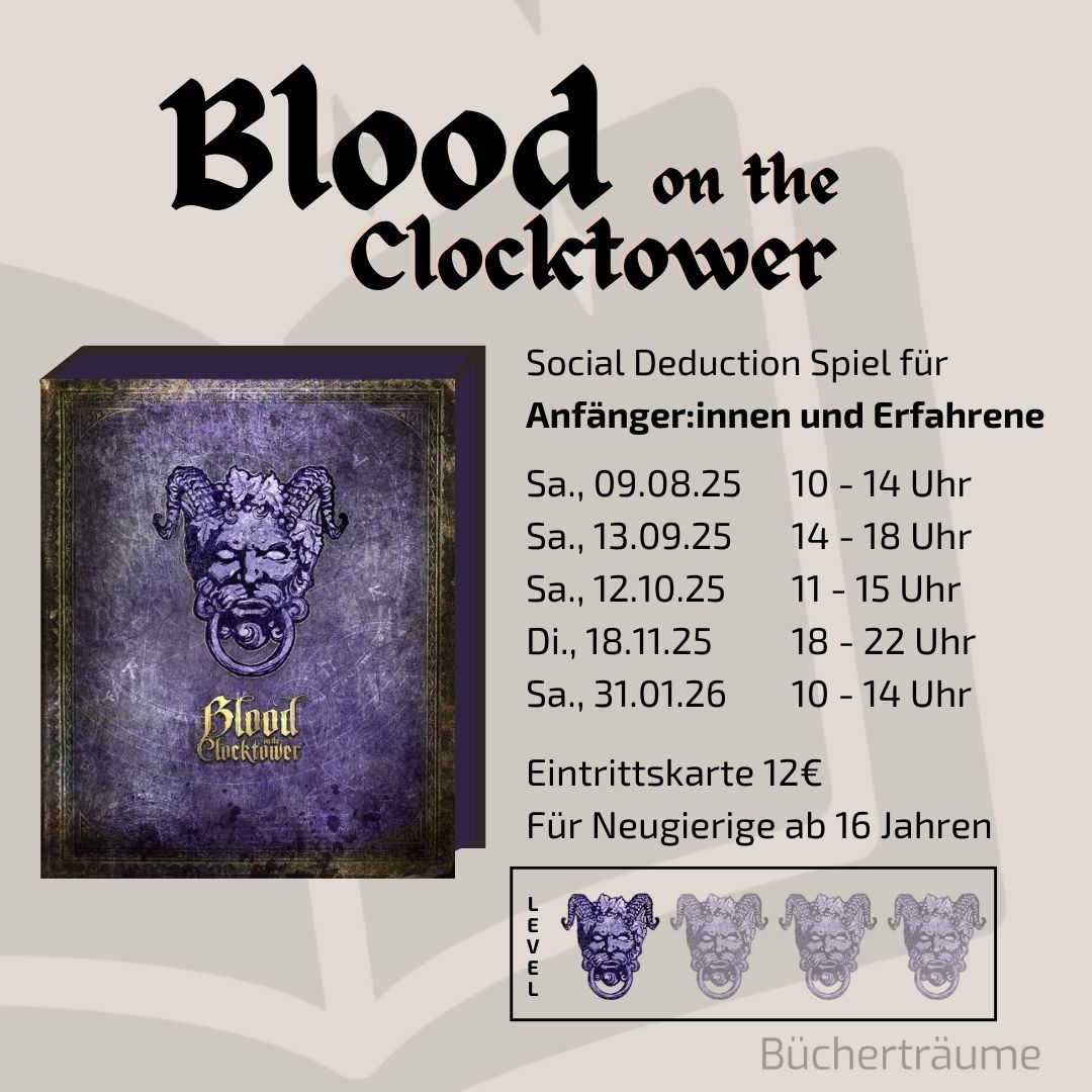 Plakat für eine Spielrunde Blood on the Clocktower für Anfänger:innen in Mülheim an der Ruhr