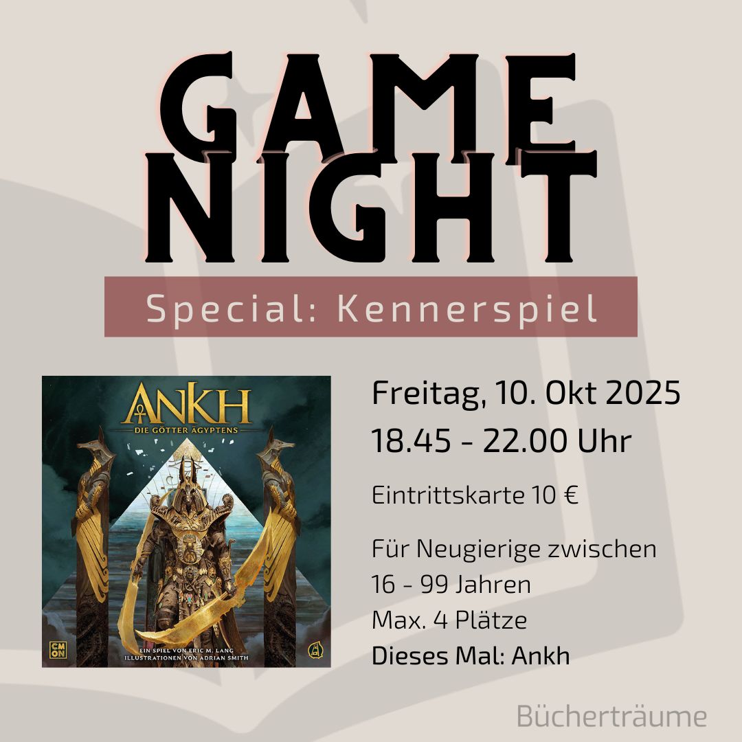 Plakat für einen Spieleabend in Mülheim an der Ruhr, an dem das Kennerspiel Ankh gespielt wird