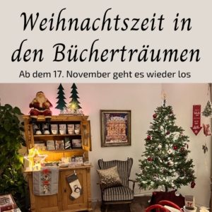 Ein stimmungsvolles Bild mit Weihnachtsbaum, Weihnachtsmann und Sessel lädt auf diesem Plakat ein die Weihnachtszeit in den Bücherträumen in Mülheim zu verbringen