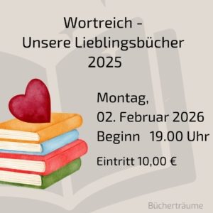 Plakat für eine Veranstaltung bei der die Buchhändler:innen ihr Lieblingsbücher des Jahres 2025 in der Buchhandlung Bücherträume in Mülheim an der Ruhr vorstellen