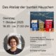 Plakat für den Workshop "Das Atelier der bunten Häuschen" mit Laura aus dem Siepen von der Kreativagentur Farbtier in den Bücherträumen in Mülheim an der Ruhr, bei dem Häuschen aus Holz gebaut werden.