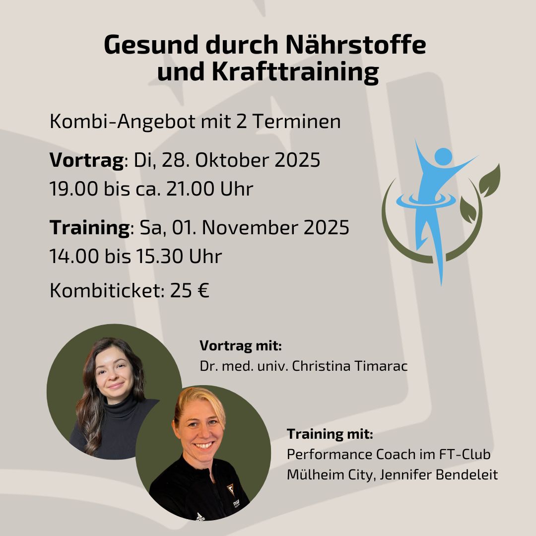 Plakat zum Vortrag über Nährstoffe mit kombinierten Krafttraining in den Bücherträumen in Mülheim an der Ruhr