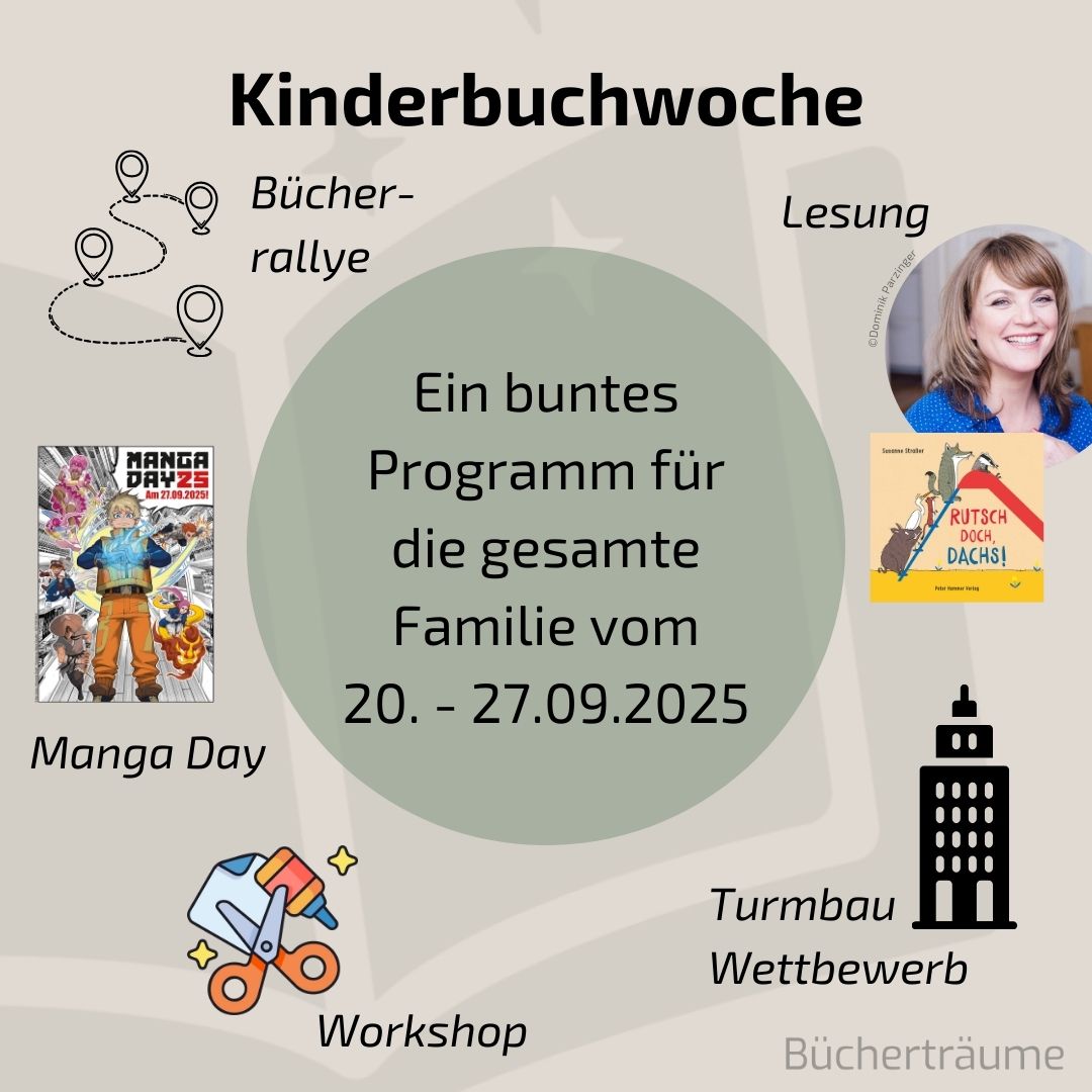 Plakat mit Einladung zur Kinderbuchwoche in die Bücherträume in Mülheim an der Ruhr mit Lesung, Bücherrallye, Workshop, Manga Day und weiteren Programmpunkten.