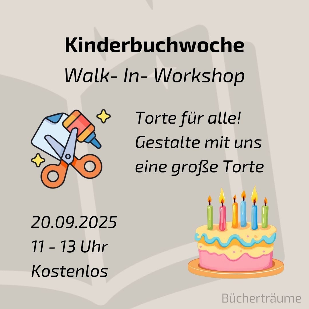 Plakat für den Kinderworkshop in den Bücherträumen in Mülheim zum Buch "So weit oben" von Susanne Straßer, bei dem die Kinder eine Torte basteln.