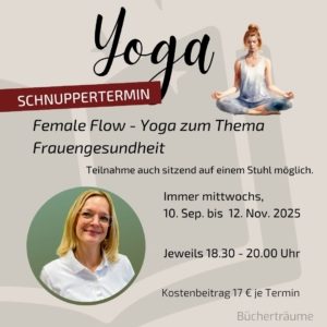 Plakat für einen Schnuppertermin zum Yoga in Mülheim, speziell für das Thema Frauengesundheit.