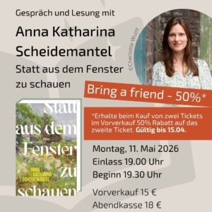 Plakat für die Lesung mit Anna Katharina Scheidemantel zum Buch "Statt aus dem Fenster zu schauen", live in den Bücherträumen in Mülheim im Ruhrgebiet