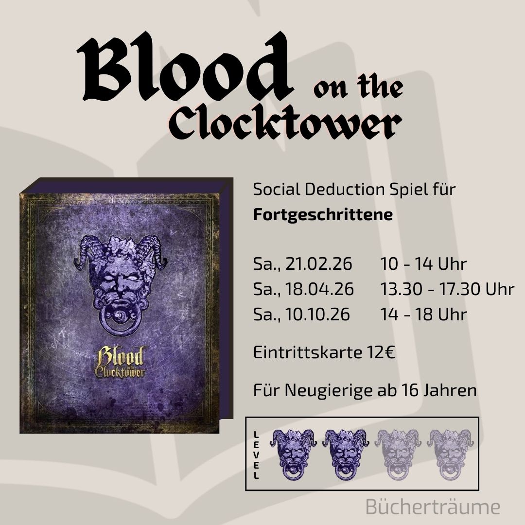 Plakat für eine Spielrunde Blood on the Clocktower für Fortgeschrittene in Mülheim an der Ruhr im Ruhrgebiet