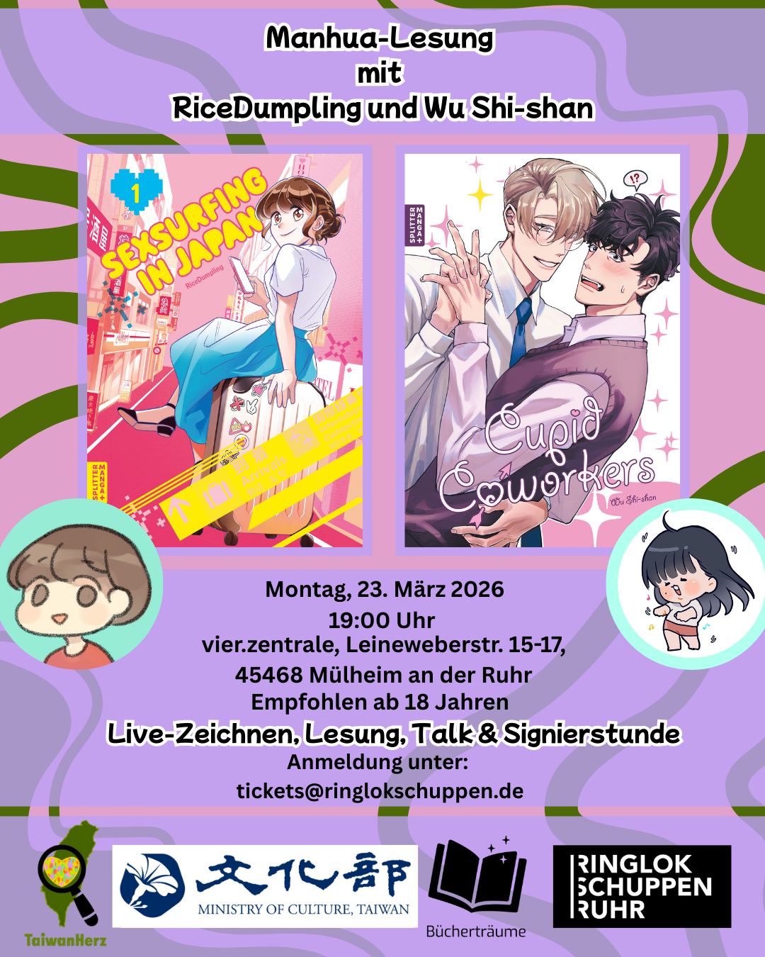 Plakat für eine Manhua Lesung mit den Mangaka RiceDumpling und Wu Shi-shan in Mülheim an der Ruhr