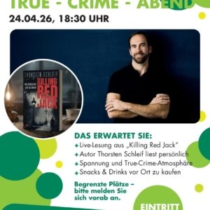 Plakat für eine True Crime Lesung mit Thorsten Schleif zum Buch "Killing Red Jack" in Mülheim an der Ruhr