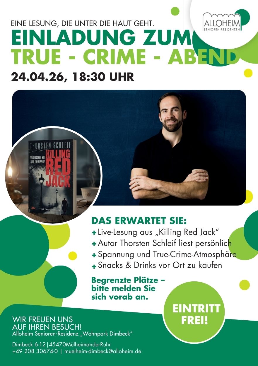 Plakat für eine True Crime Lesung mit Thorsten Schleif zum Buch "Killing Red Jack" in Mülheim an der Ruhr