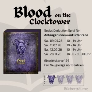 Plakat für eine Spielrunde Blood on the Clocktower für Anfänger in Mülheim an der Ruhr im Ruhrgebiet