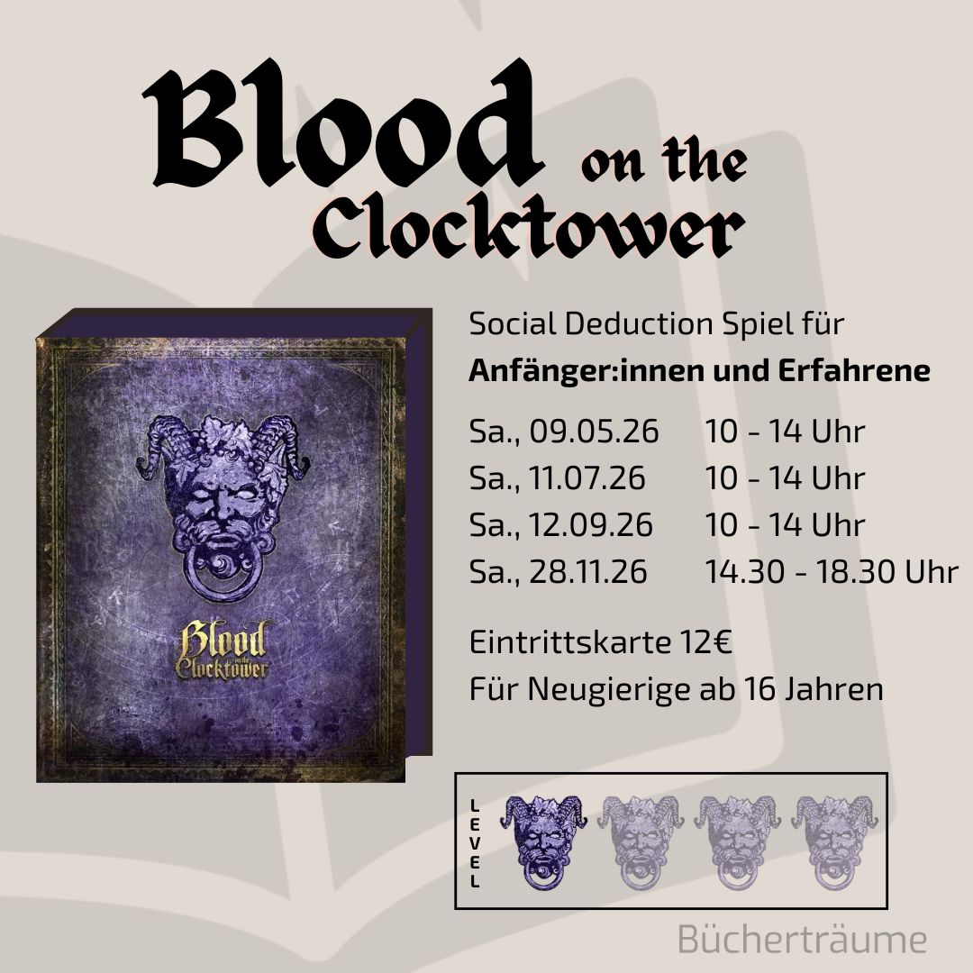 Plakat für eine Spielrunde Blood on the Clocktower für Anfänger in Mülheim an der Ruhr im Ruhrgebiet