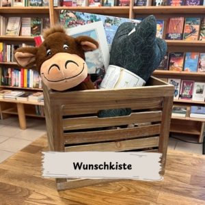 Beispielbild für eine Geburtstags- oder Wunschkiste, die in den Bücherträumen in Mülheim an der Ruhr zusammengestellt werden kann. Die Kiste auf dem Bild enthält verschiedene Artikel wie ein Kuscheltier, einen Leseknochen und Bücher