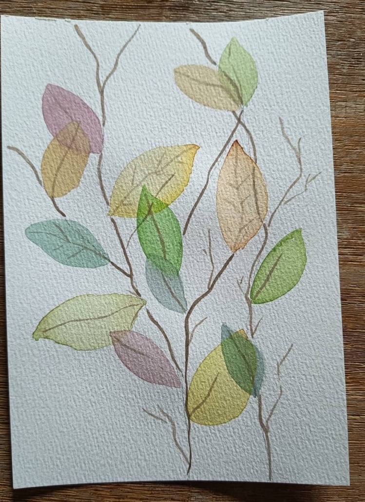 Beispielbild für den Workshop "Aquarell - Herbstzauber & Winterglanz" mit Laura aus dem Siepen von der Kreativagentur Farbtier in den Bücherträumen in Mülheim an der Ruhr. Hier ist ein Strauch mit Blättern zu sehen.