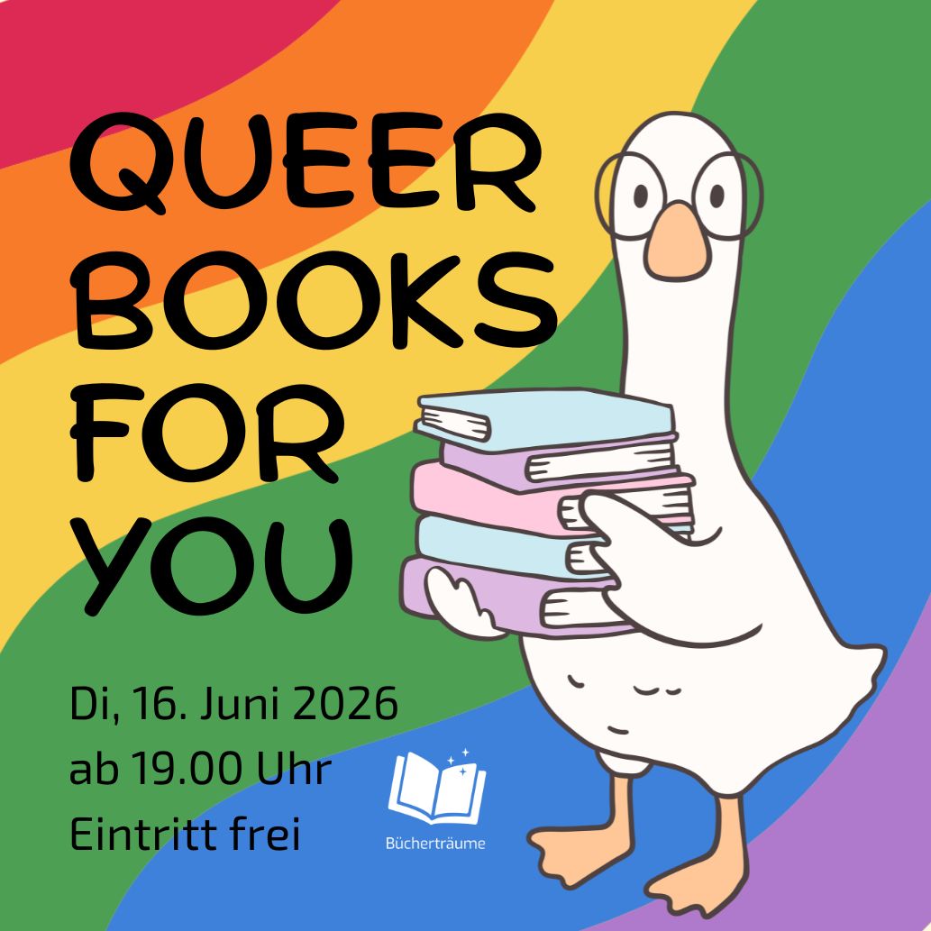 Plakat für einen queeren Empfehlungsabend in den Bücherträumen in Mülheim an der Ruhr