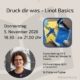 Plakat für den Workshop "Druck dir was - Linol Basics" mit Laura aus dem Siepen von der Kreativagentur Farbtier in den Bücherträumen in Mülheim an der Ruhr, bei dem mit Linol-Druck experimentiert werden kann.