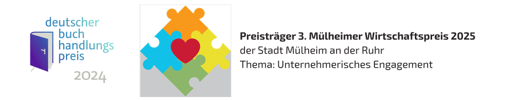 Logos des deutschen Buchhandlungspreises 2024 und des 3. Mülheimer Wirtschaftspreises zum Thema "Unternehmerisches Engagement", mit denen die Bücherträume ausgezeichnet wurden