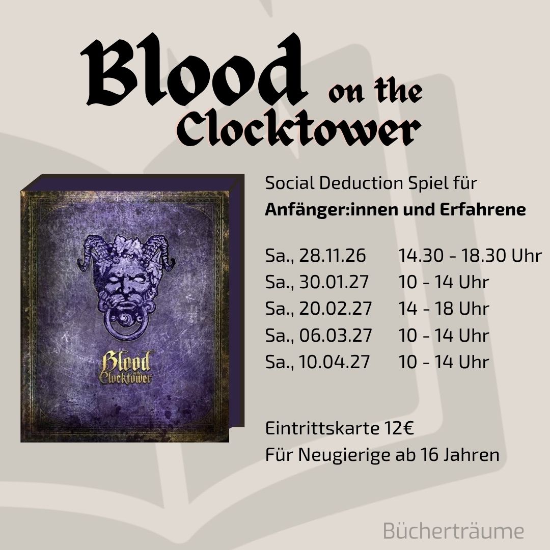 Plakat für eine Spielrunde Blood on the Clocktower für Anfänger in Mülheim an der Ruhr im Ruhrgebiet