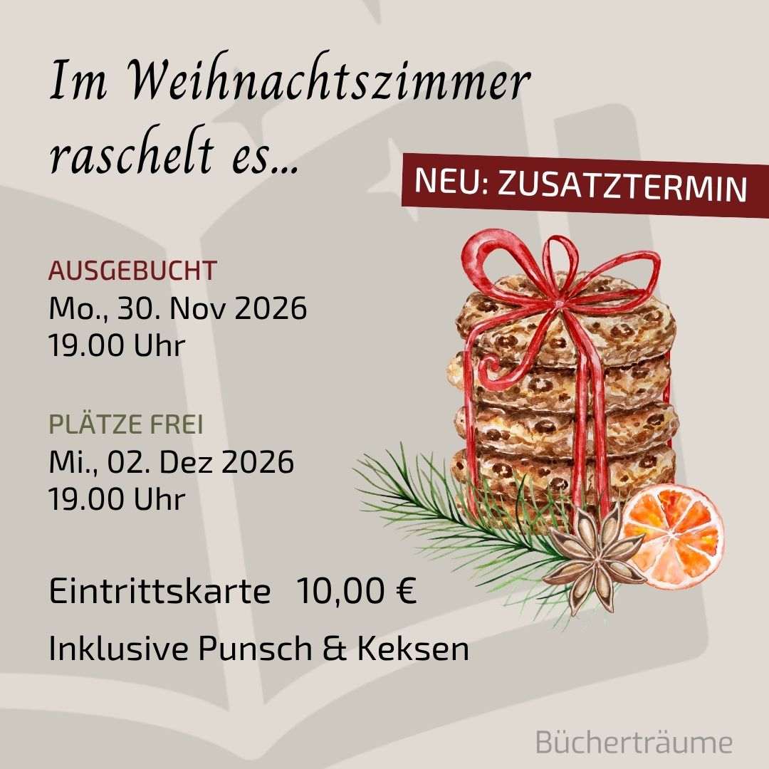 Plakat für einen gemütlichen Abend mit dem Titel "Im Weihnachtszimmer raschelt es" bei dem in den Bücherträumen in Mülheim an der Ruhr gelesen und gesungen wird