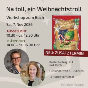 Plakat für einen Kinderworkshop zum Buch "Na toll, ein Weihnachtstroll" in den Bücherträumen in Mülheim an der Ruhr