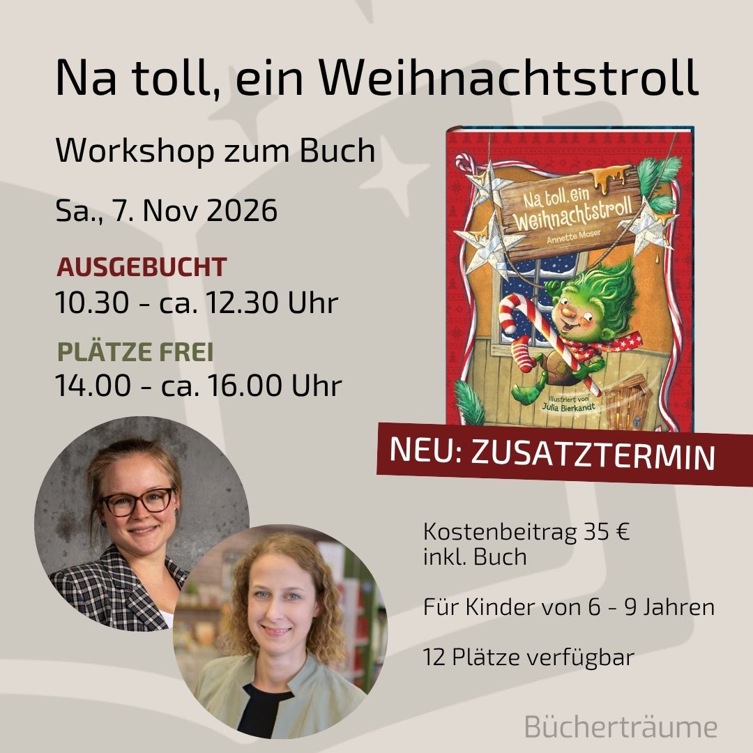Plakat für einen Kinderworkshop zum Buch "Na toll, ein Weihnachtstroll" in den Bücherträumen in Mülheim an der Ruhr